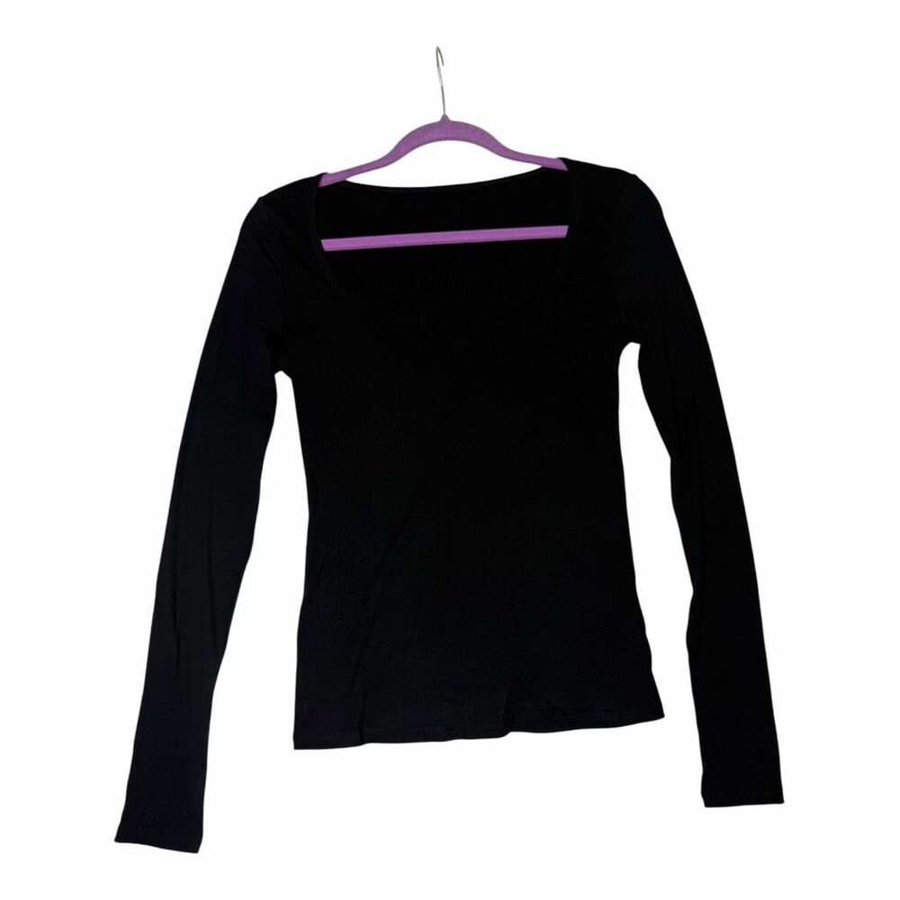 NEW Halara Black Ribbed Notch Neck Long Sleeve Fitted‎ Top Size Small